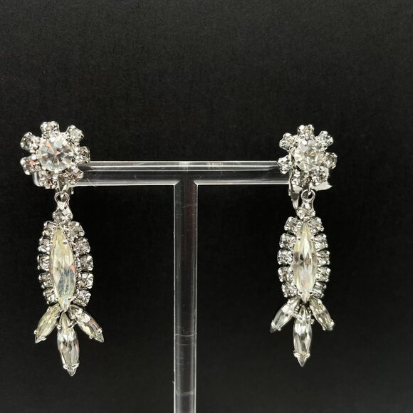 Vintage Signed Sherman Clear Rhinestone Clip on Earrings Bright and Sparkling 2" - Picture 3 of 10